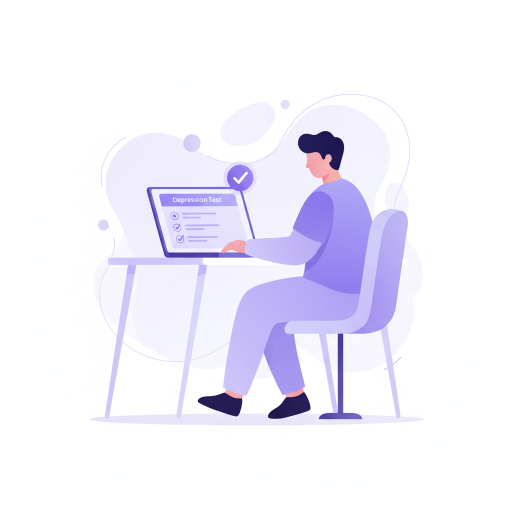 Illustration of a person taking a free online depression test on laptop.